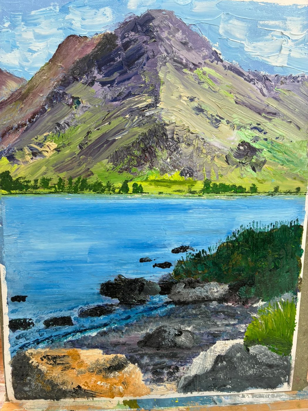 Julia’s thickly painted landscape: a purple and green mountain above a blue lake, dark rocks and grass in the foreground