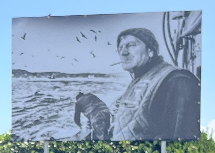 The festival board, close up: a fisherman at the rail in oilskins, gulls behind him