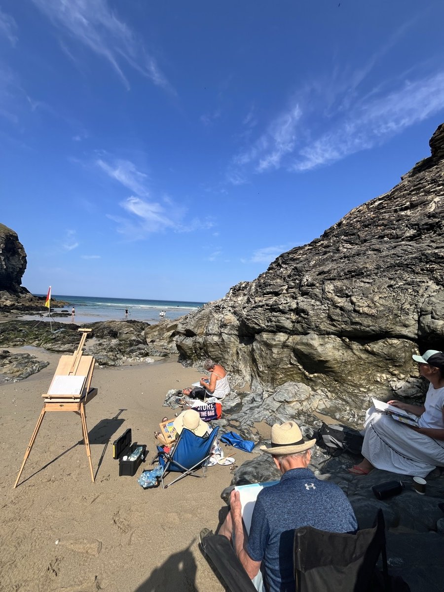 Art Club on the sand at Chapel Porth, easel up