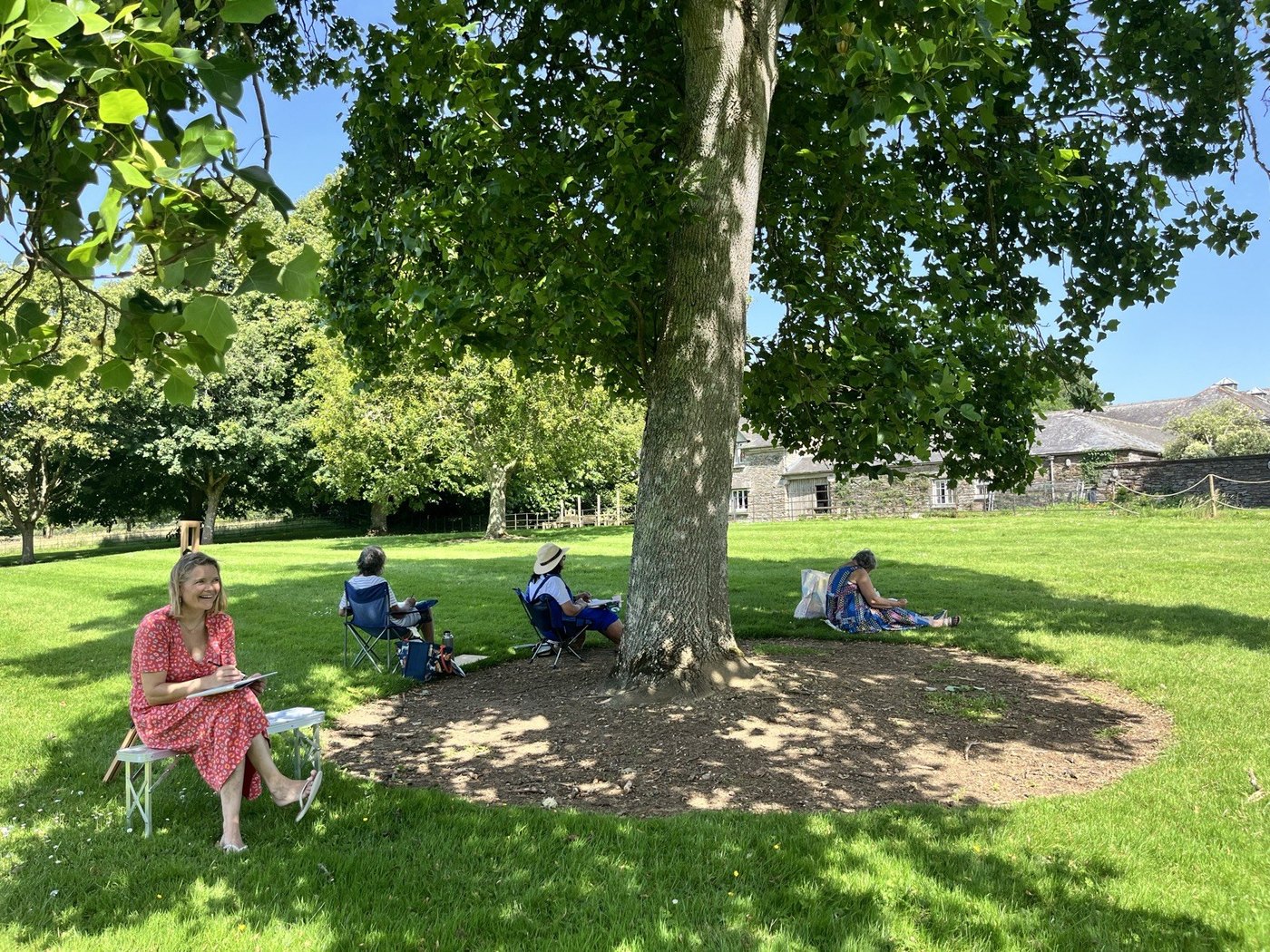 The Art Club spread out under one big tree at Trelissick, painting in the dappled shade